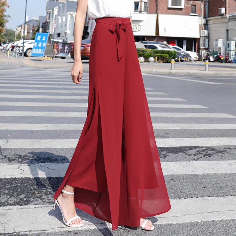 SHUDIYA/姝迪雅垂顺雪纺长裤开叉阔腿裤女夏季新款宽松韩版休闲裤