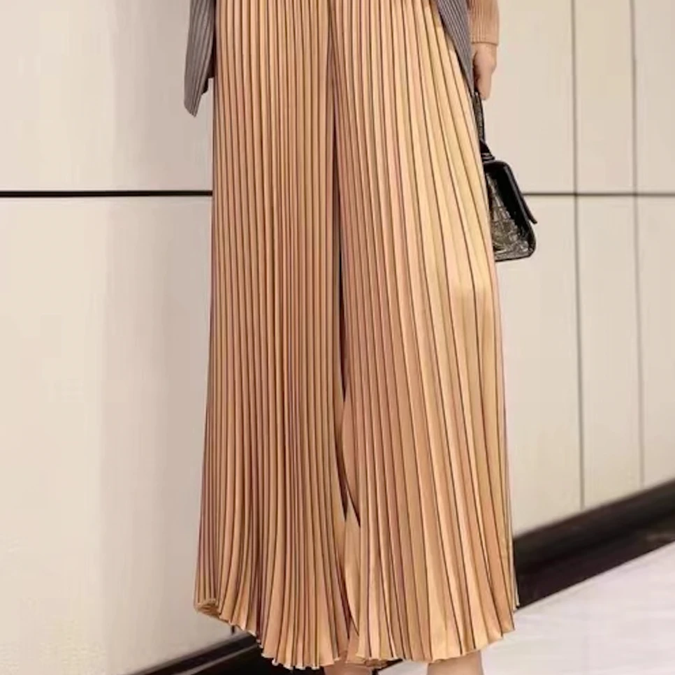 0011长款气质垂感春季褶皱女裤条纹夏季长裤显瘦长款喇叭裤微喇裤