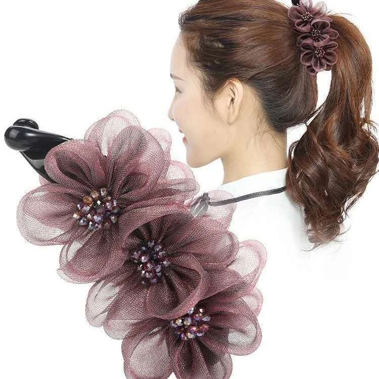 韩国香蕉夹竖夹防滑大号马尾发夹布艺花朵成人韩版发夹 头饰妈妈