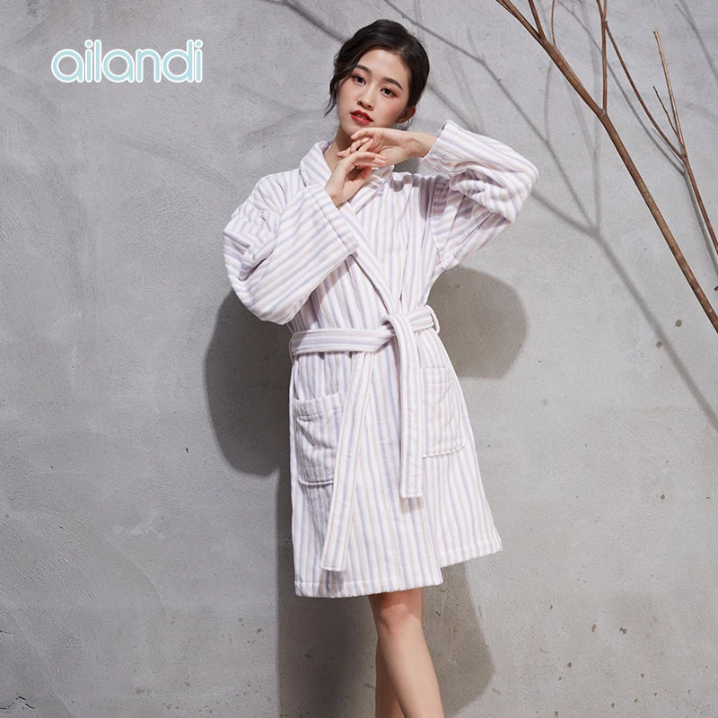 情侣浴衣全棉毛巾料条纹成人浴袍加厚秋冬洗澡游泳温泉吸水高档