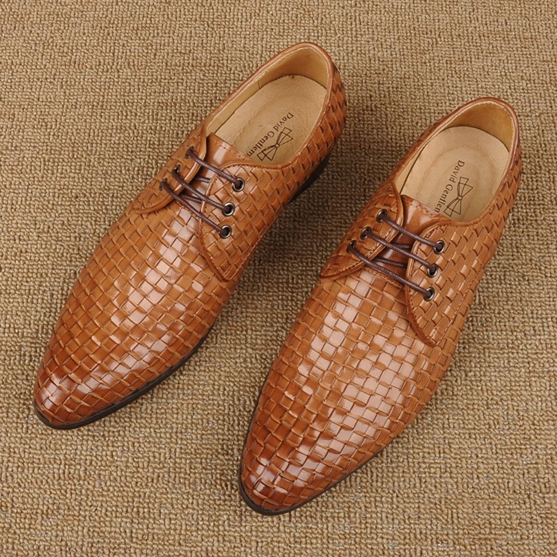 英伦新款手工编织男鞋真皮透气休闲皮鞋男尖头潮流低帮系带男鞋潮