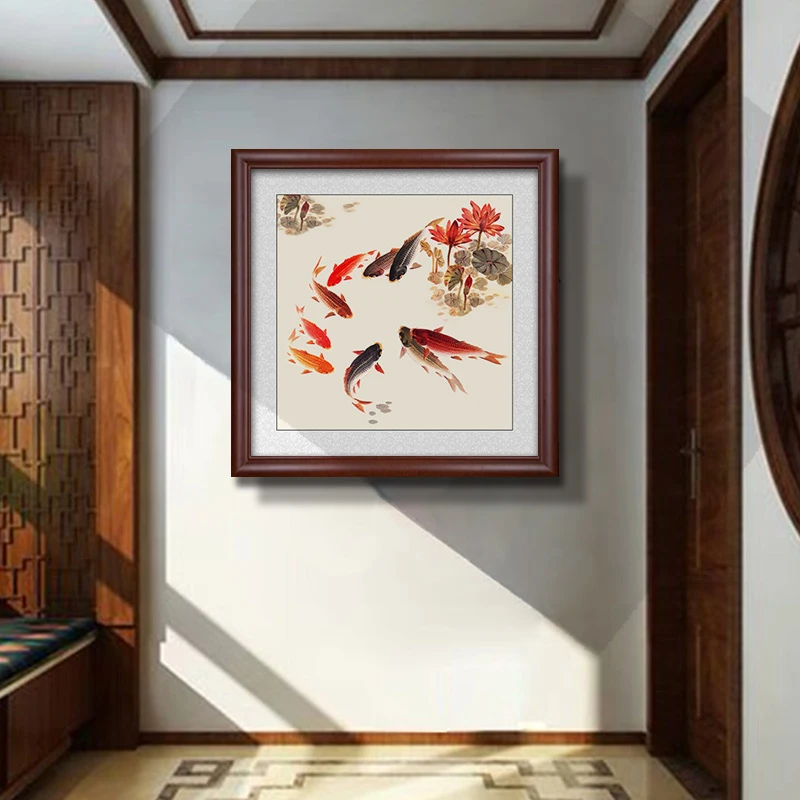 九鱼聚财装饰画玄关挂画客厅新中式餐厅荷花鲤鱼莲花图背景墙壁画