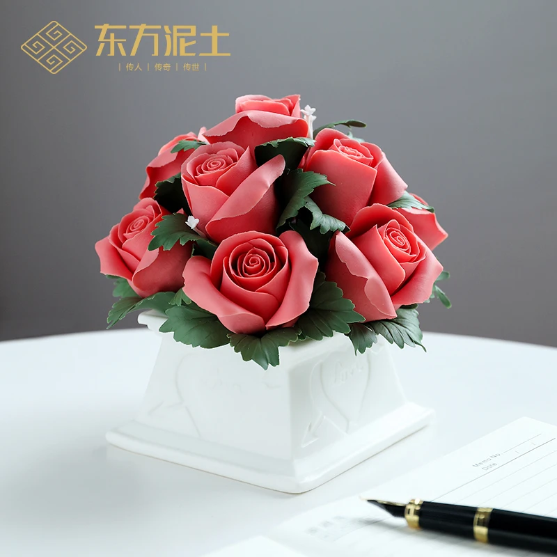 情人节礼物 红色玫瑰花摆件 陶瓷永生花结婚礼物送女友送老婆礼盒