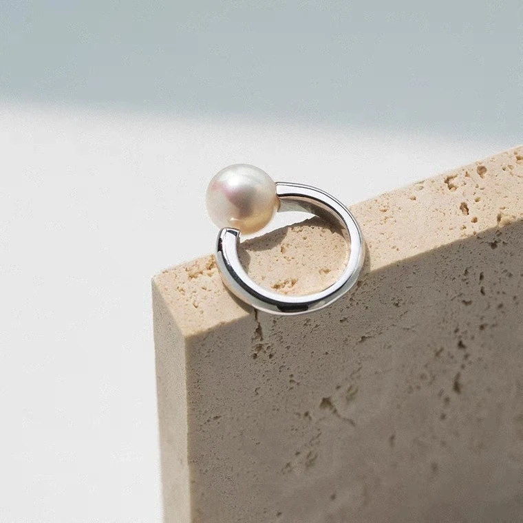 正圆珍珠戒指（9-10mm）开口925银食指戒WM055