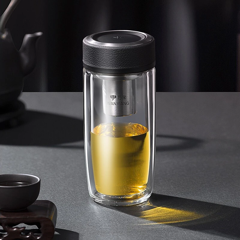万象高档双层玻璃杯商务办公车载泡茶水杯便携带盖耐热过滤家用