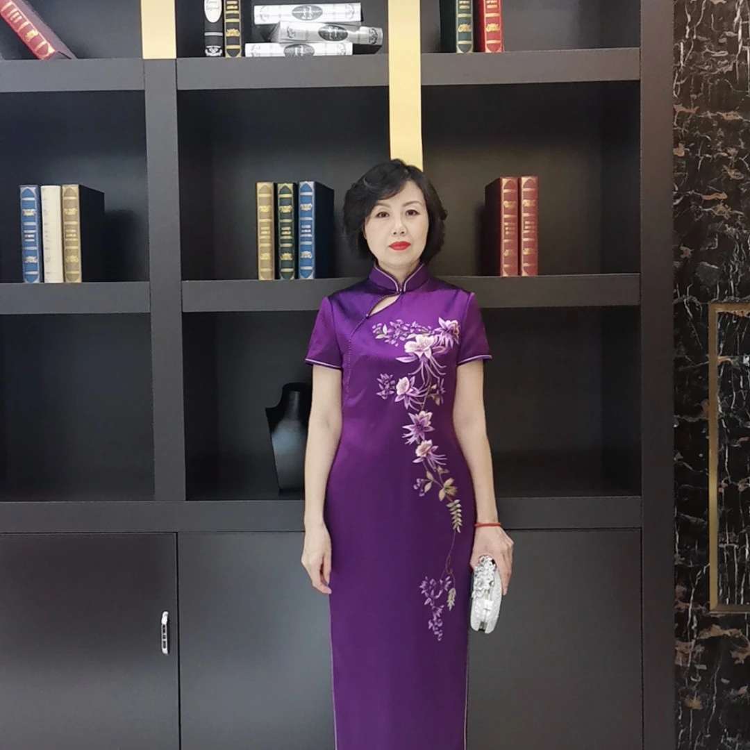 YINGDAK/应大紫色刺绣长款改良旗袍女时尚喜妈妈装优雅喜婆婆装