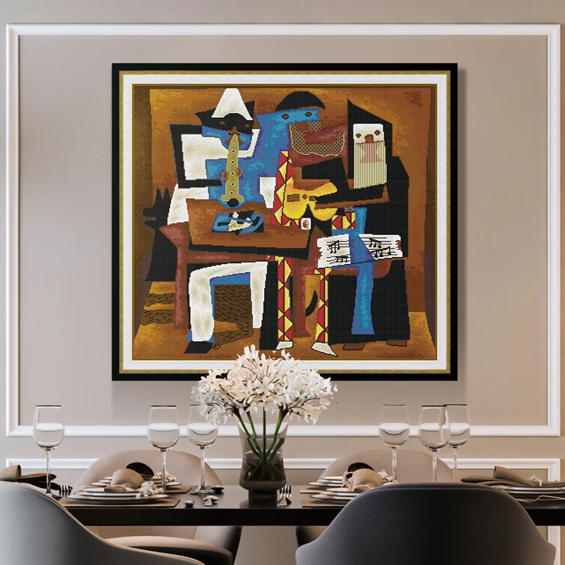 KS十字绣毕加索-三个音乐家满绣42色92cmx 84cm无勾边抽象画