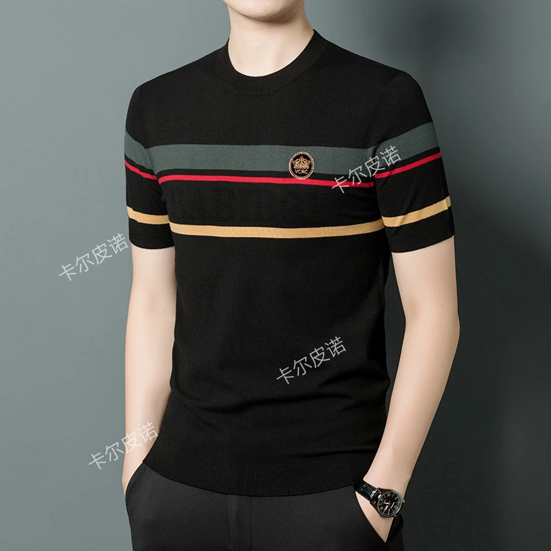 卡尔皮诺8615轻奢时尚修身圆领男士短袖毛衣高档半袖百搭针织衫