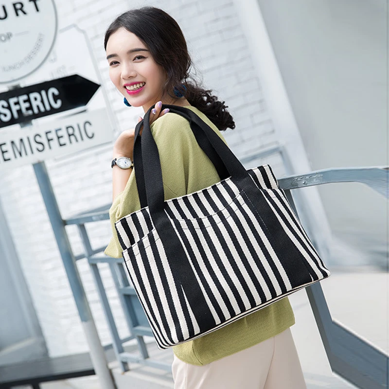 大容量时尚女式单肩包加厚条纹帆布包轻便休闲手提挎包上班手拎包