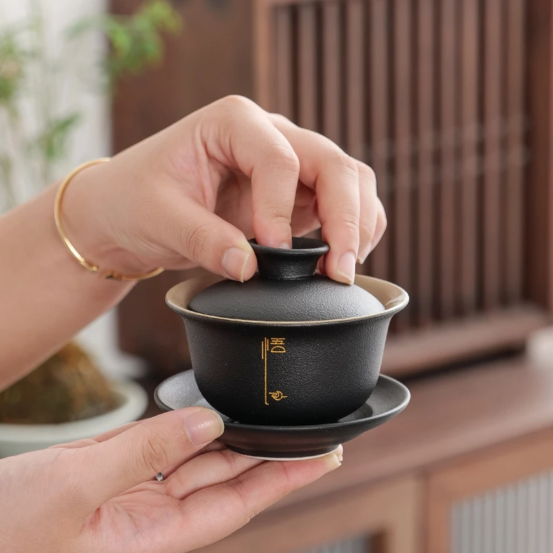 宋建白瓷黑陶描金盖碗匠心之作小礼盒装大号茶碗手工陶瓷三才盖碗