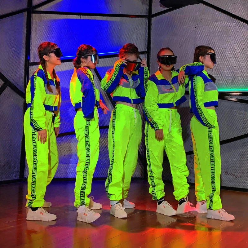 休闲hiphop街舞女团体比赛演出服荧光舞台套装表演服宽松爵士舞裤