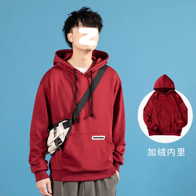 WILLIAM MARCHI/威廉马奇新年红色卫衣男加绒加厚潮牌秋冬连帽衫