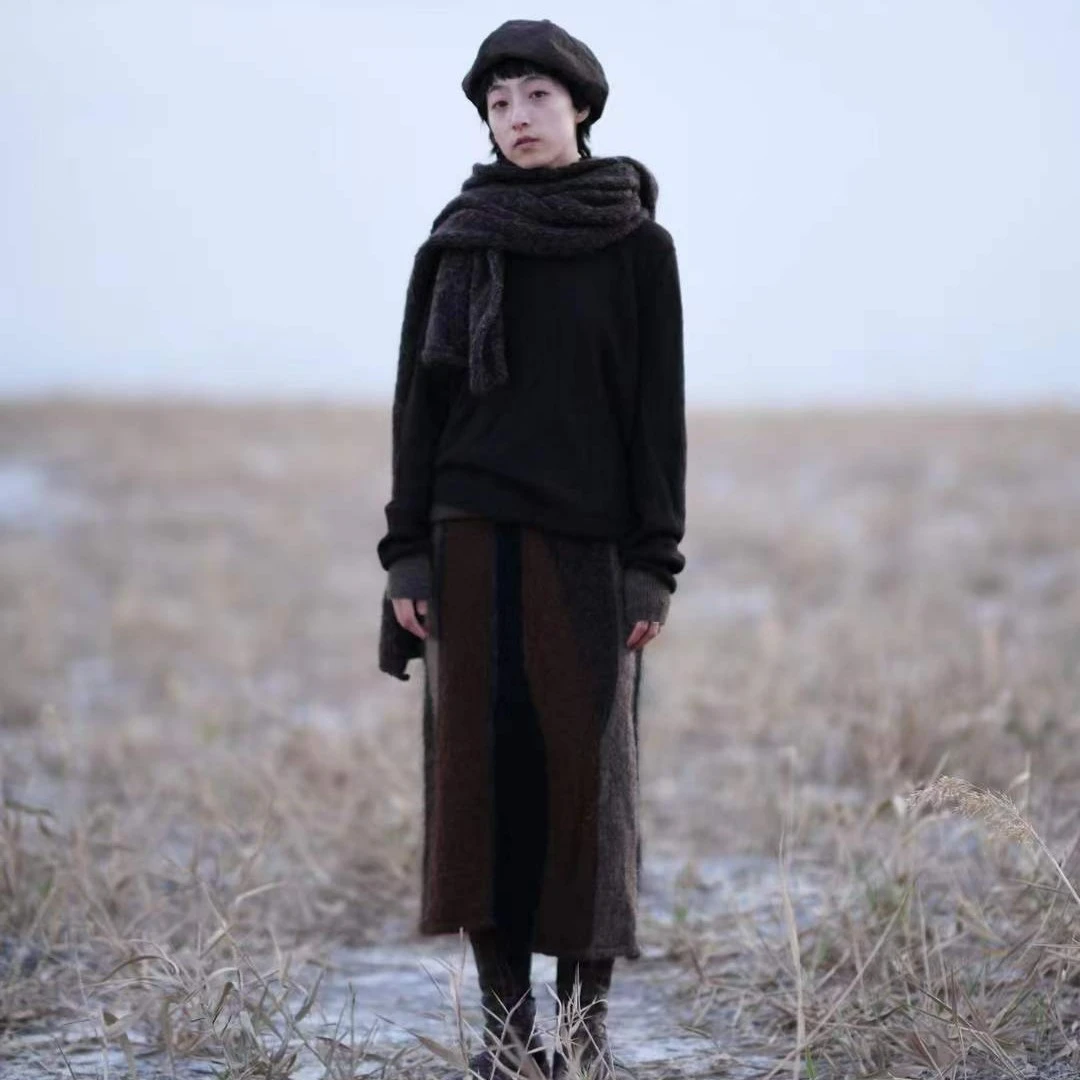 【7折款】左岸 FW7043布衣分享松紧腰拼色绒感做旧复古毛泥色半裙