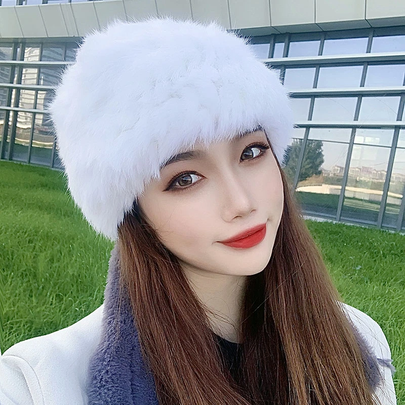 真兔毛帽子加厚保暖真毛绒皮草一体编织包头针织毛线帽女冬季百搭