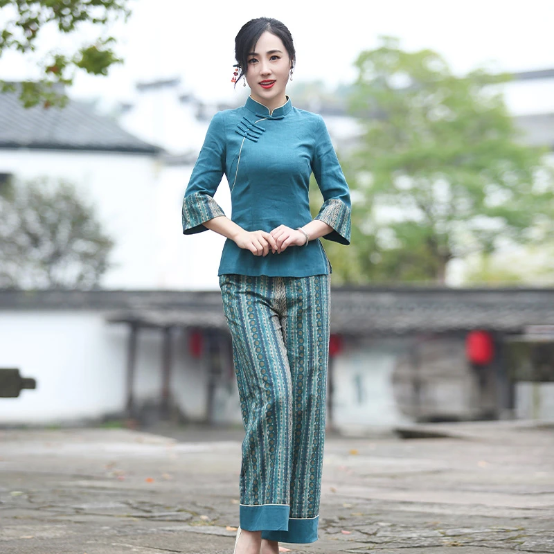 筠雅棉麻套装女春装新款中国风减龄小清新复古气质旗袍两件套J920