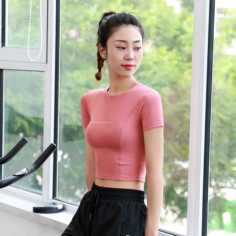 807短袖运动上衣女露脐弹力紧身健身短款字母速干T恤网红瑜伽服