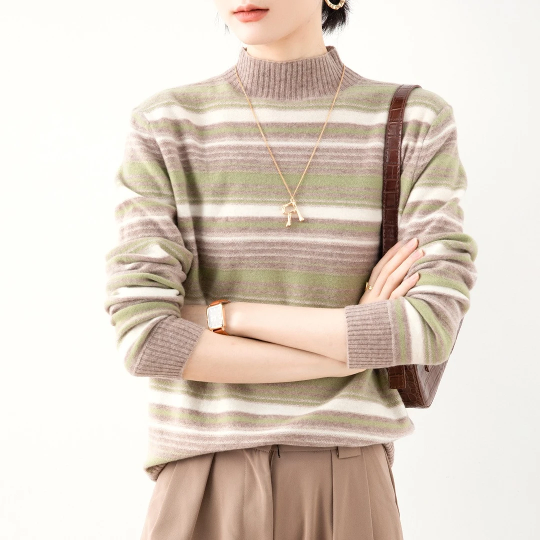 兔皇春秋新品时尚半高领撞色条纹针织衫纯濮院羊毛衫/TW62H6610/6