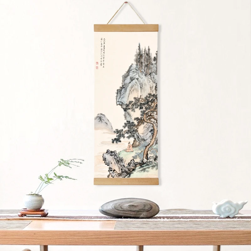 新中式山水国画单幅卷轴装饰画玄关竖版挂画茶室壁画挂件墙饰画