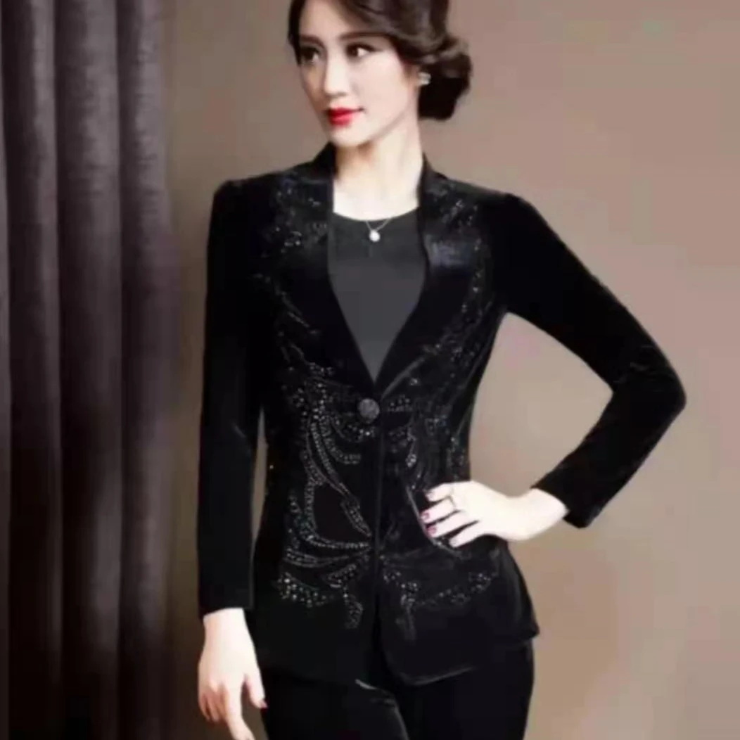 2025新品春秋季无领黑色金丝绒修身烫钻西装