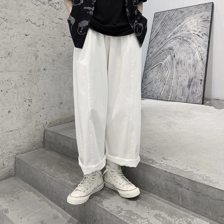 【晚李自制】小众设计白色直筒休闲裤（情侣款）宽松微胖女生裤子