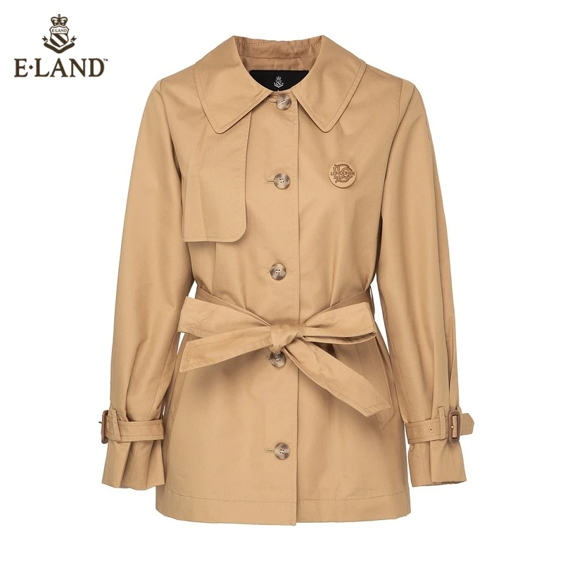 ELAND衣恋秋季新款新品中长款单排扣翻领风衣外套女士EEJTB49C2C