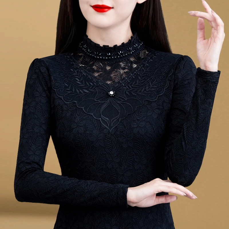 0405加绒黑色蕾丝打底衫女冬季2024新款小衫百搭长袖保暖上衣洋气