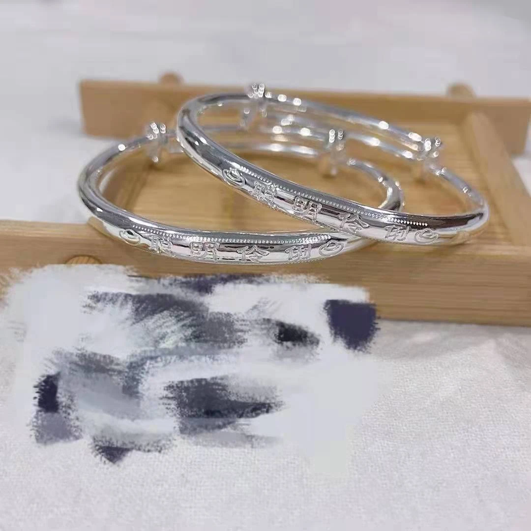 足银手镯 【淼淼银饰】足银999.9推拉圆棍儿童手镯