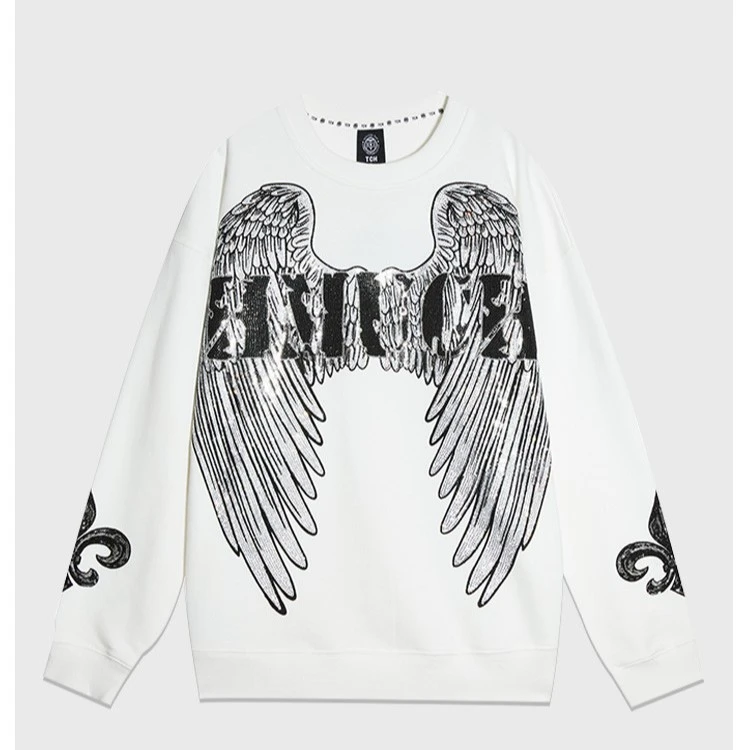 爆款-TCH双翼烫钻白色卫衣圆领长袖宽松休闲男女同款T21111C6049