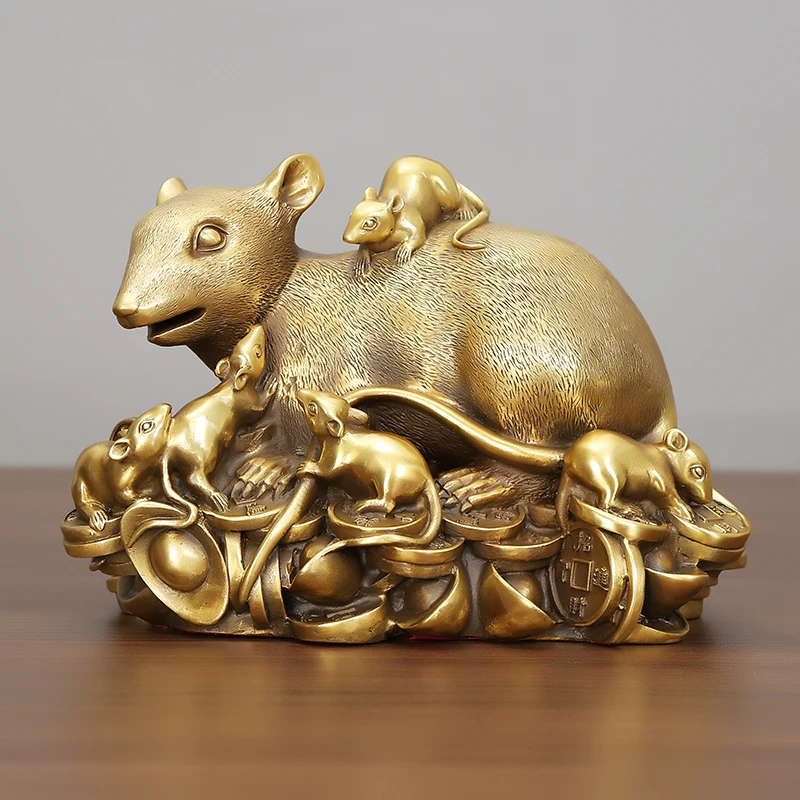 十二生肖鼠纯铜生肖鼠黄铜金钱鼠摆件办公室家居工艺品