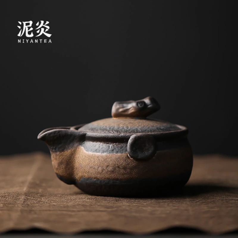 粗陶老岩泥手抓壶功夫茶具单壶复古家用泡茶壶鎏金手工过滤泡茶壶