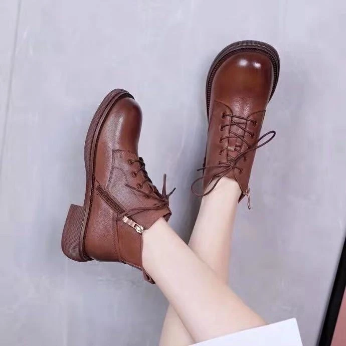 2023新款短靴马丁靴圆头平底短靴女鞋百搭款系带软底舒适时尚粗跟