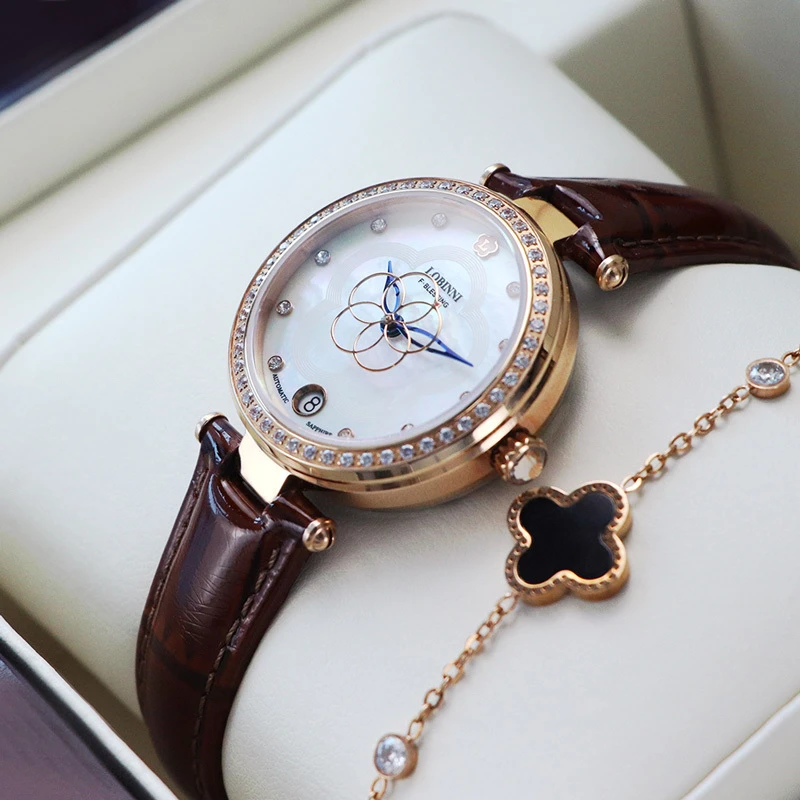 【罗宾尼旗舰】时尚女款花形贝母女士手表简约经典自动机械表2008