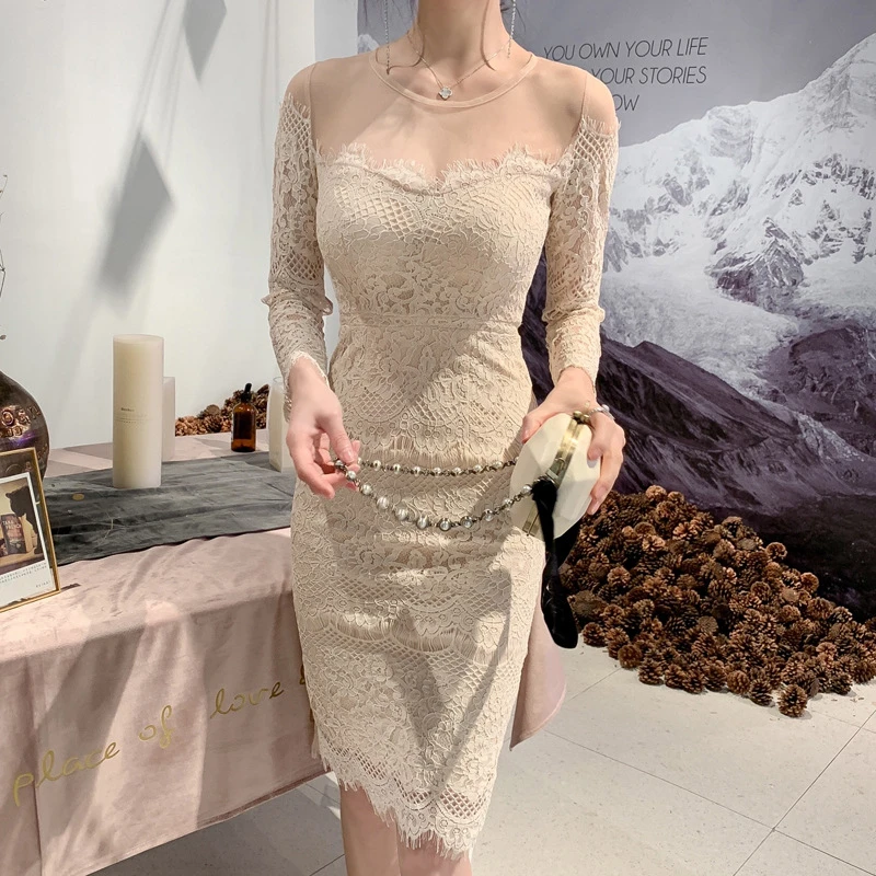 女装韩版网纱拼接修身包臀睫毛蕾丝连衣裙显瘦长袖性感法式1715