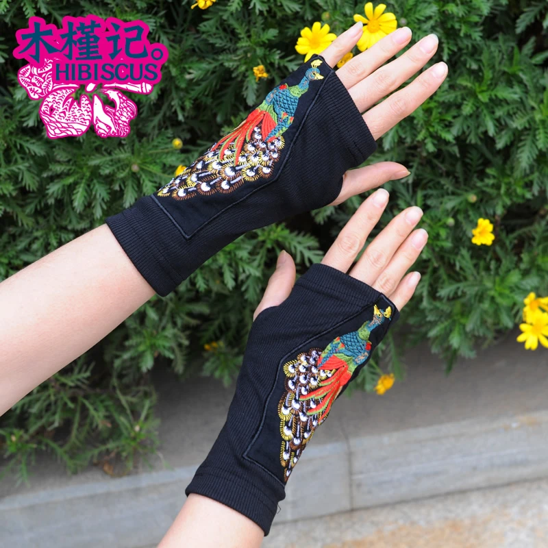 杨丽萍刺绣花毛线半指手套弹力民族风骑行秋冬季户外保暖长袖套女
