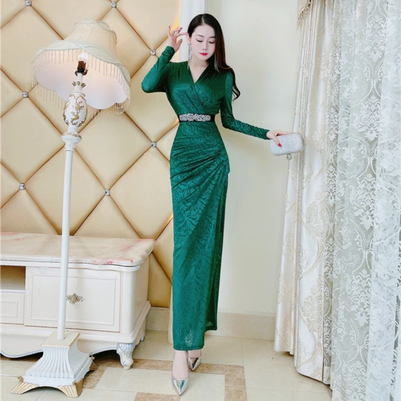 气质时尚女人味修身显瘦开叉长裙褶皱遮肚子收腰长袖V领连衣裙