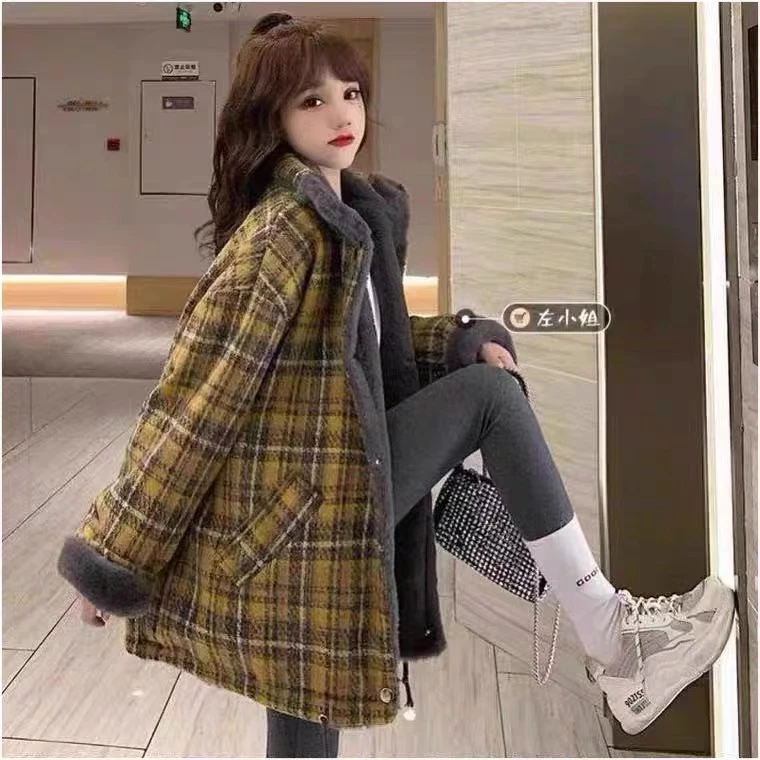新款加绒加厚宽松百搭昵子毛呢外套女潮韩版冬季保暖秋冬厚外套