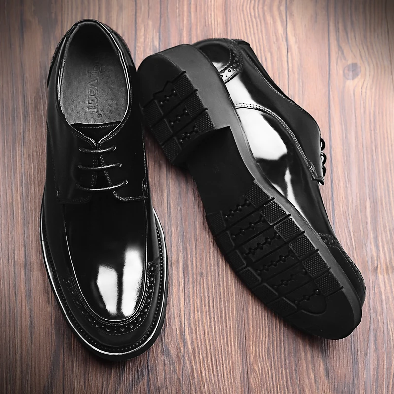 VQGT男士大头皮鞋漆皮男鞋亮面商务休闲男厚底真皮圆头增高鞋牛皮