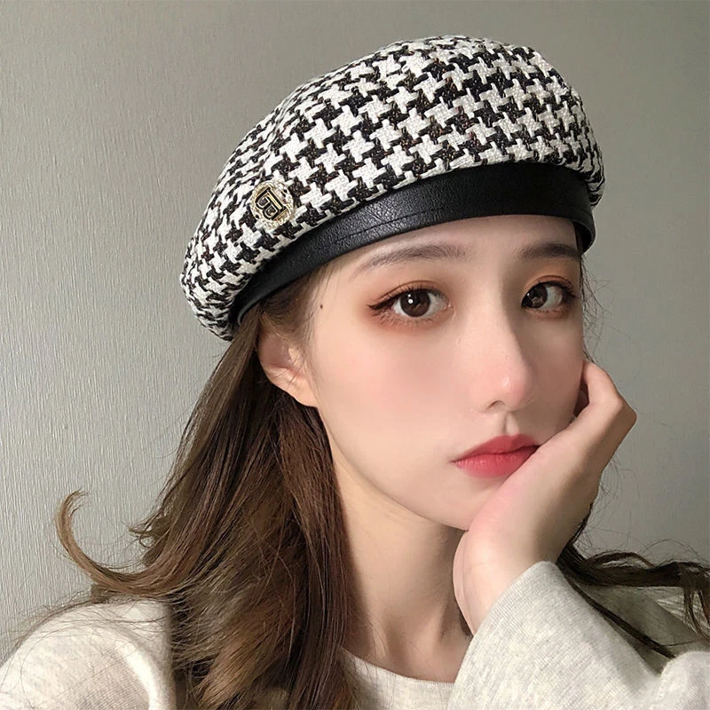 春夏秋贝雷帽千鸟格八角帽子韩版潮时尚百搭格子画家帽女女孩