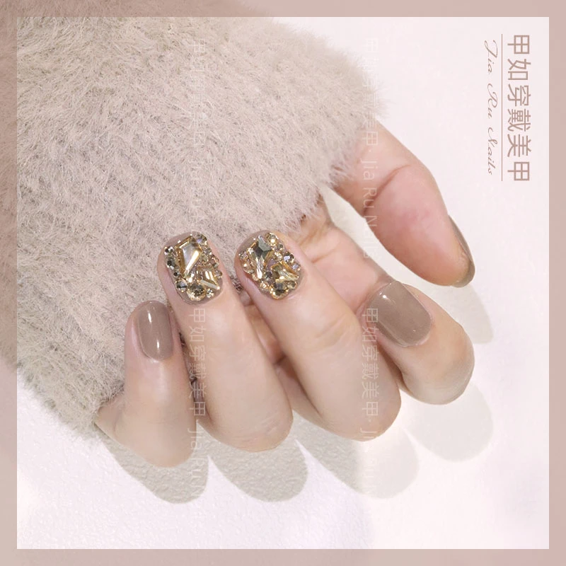 【短款】半透香槟冰美人奶茶色穿戴甲成品美甲贴可拆卸假指甲贴片