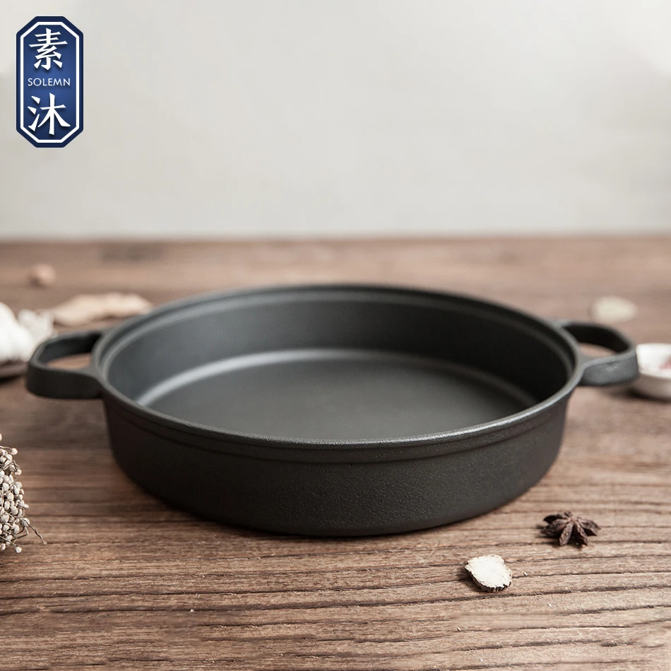 SOLEMN铸铁平底煎锅30cm烙饼锅焖烧炒菜生铁原生矿老式家用