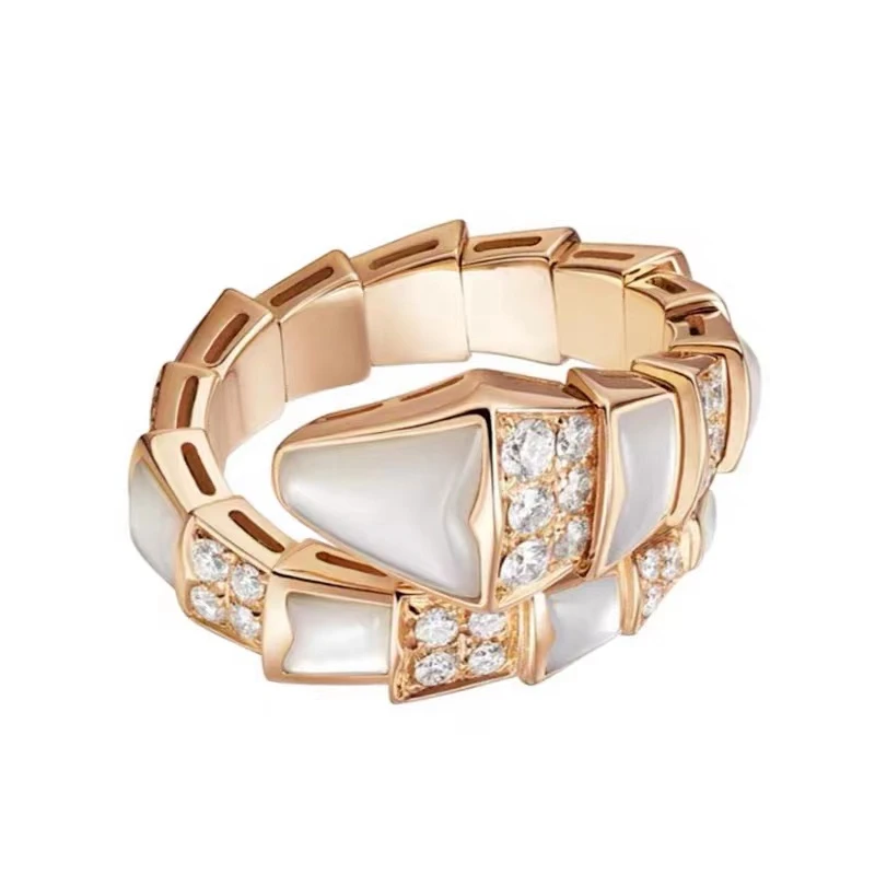 99新 BVLGARI/宝格丽 Serpenti ViperXL码玫瑰金白贝间钻灵蛇戒指
