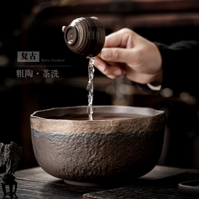日式茶洗大号复古家用水盂茶渣缸笔洗陶瓷杯洗仿柴烧建水茶道配件