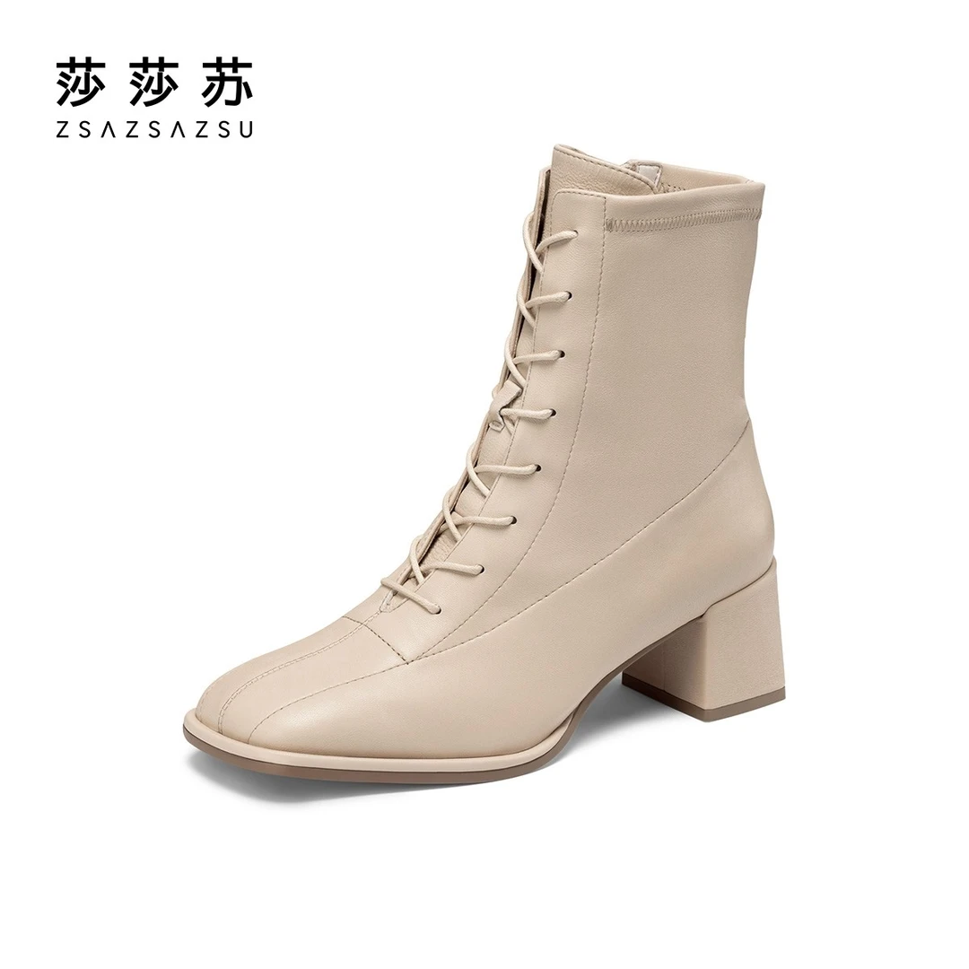 莎莎苏秋冬方头短筒时尚弹力靴女高跟粗跟百搭瘦瘦靴女ZA21500-12
