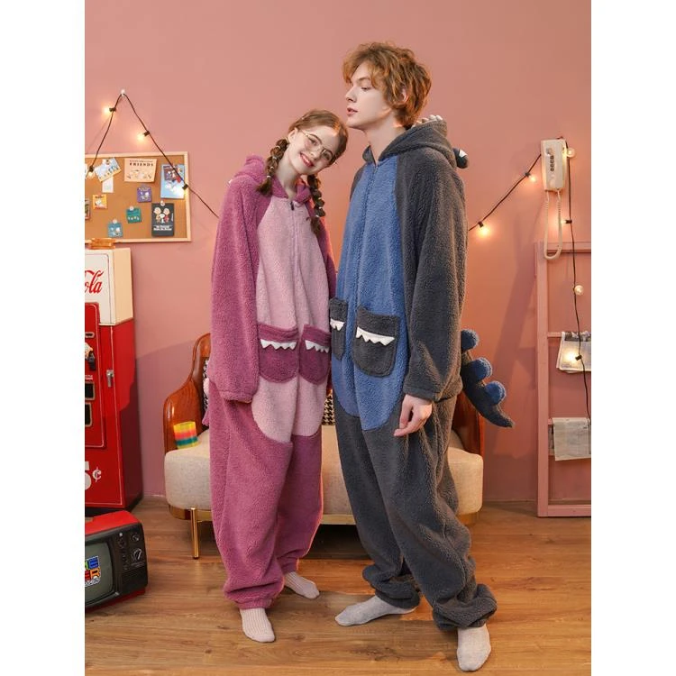 情侣动物连体睡衣女秋冬季可爱卡通珊瑚绒加厚小恐龙大码家居服男