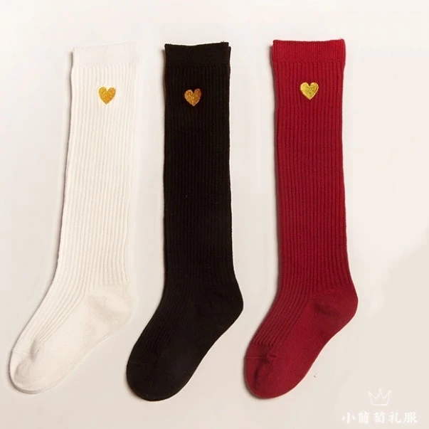 儿童过膝袜小爱心刺绣竖条纹棉女童长筒袜过膝袜