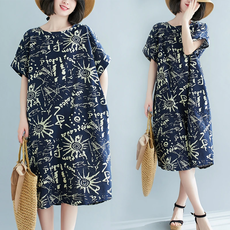 复古棉麻印花连衣裙胖mm大码女装短袖圆领中长款遮肚子A字裙子夏