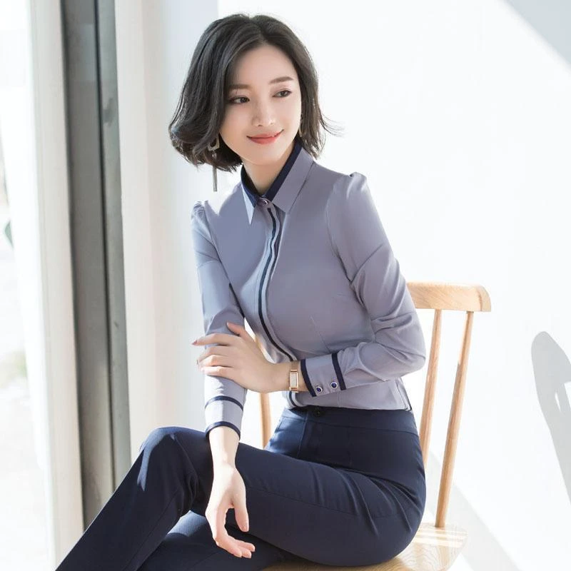 新款气质白衬衫长袖女暗扣职业装正装修身显瘦韩版工作服灰上衣