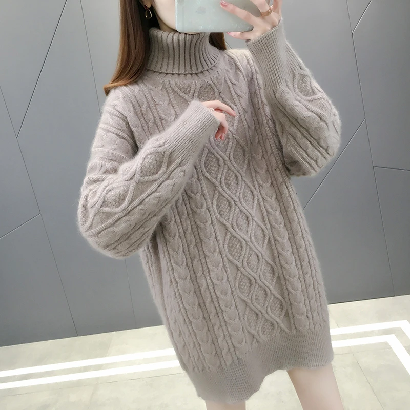 RC【高领菱形提花宽松毛衣裙】秋冬新款高领毛衣女宽松外穿加厚