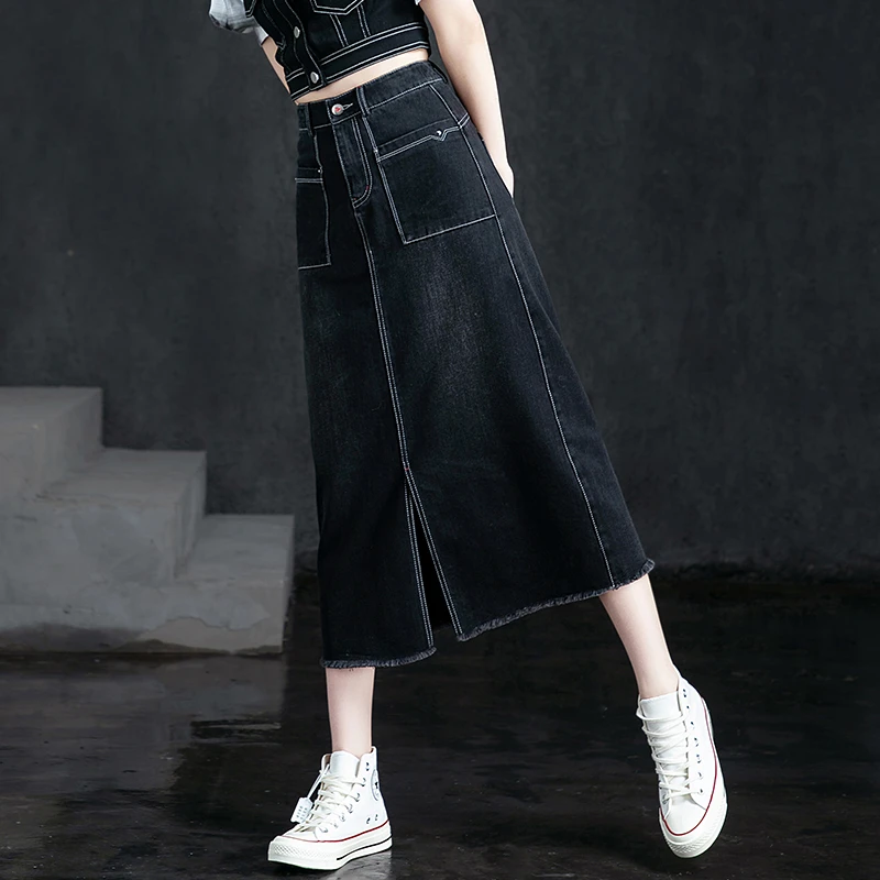 高端牛仔半身裙2025春季新款中长款黑色洋气开叉裙微胖女生A字裙