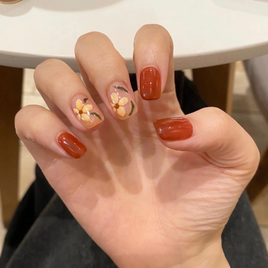 【短款】温柔甜蜜清新橘枳花瓣 可穿戴式美甲指甲贴片时尚 送胶贴